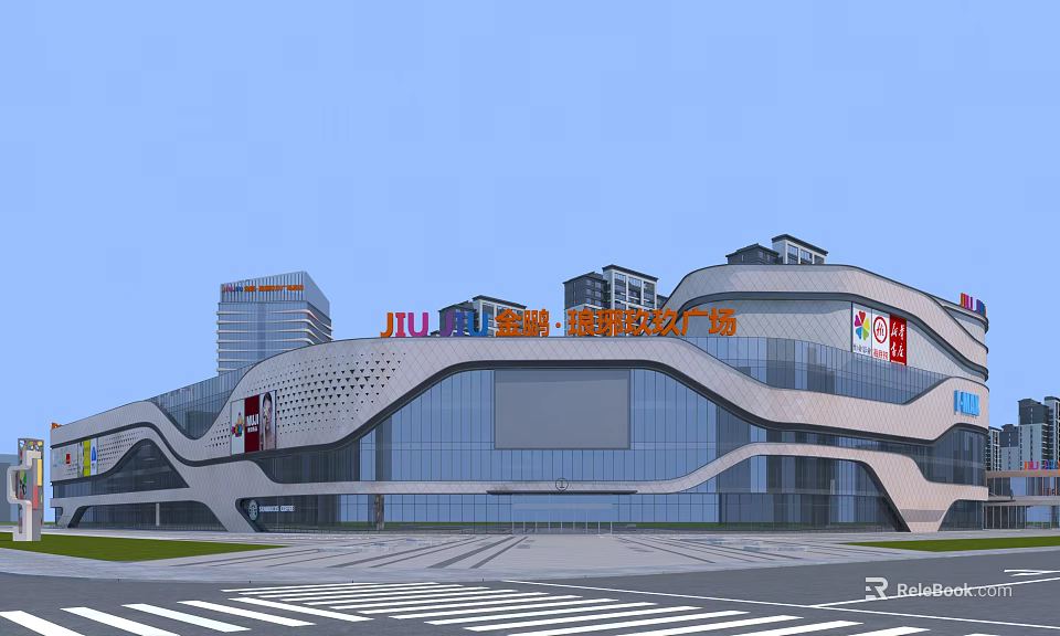 Modern Commercial Complex Plaza With Glass Curtain Wall Contemporary Architectural Design And Main Entrance 3d model 