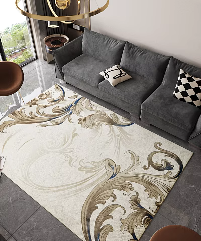 Square Area Rug With Ornate Vintage Patterns In Living Room 3d model