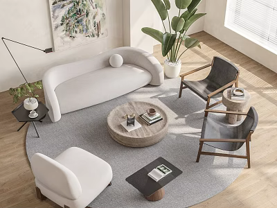 Modern Light Colored Sofa and Woven Coffee Table Set with Accent Chairs Green Plants and Round Rug 3d model