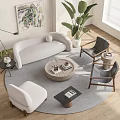 Modern Light Colored Sofa and Woven Coffee Table Set with Accent Chairs Green Plants and Round Rug