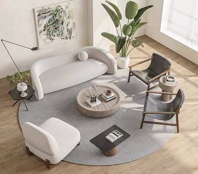 Modern Light Colored Sofa and Woven Coffee Table Set with Accent Chairs Green Plants and Round Rug 3d model