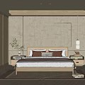 Modern Bedroom Interior With Wooden Bed Frame Brown Pillows Window Blinds And Gray Curtains