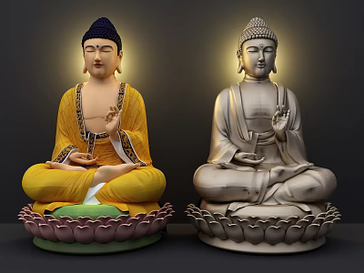 Buddha Sculptures in Sitting Posture with Yellow and Silver Robes on Lotus Bases 3d model