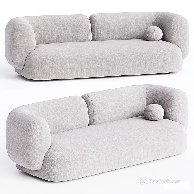 Modern Light Gray Fabric Two Seater Sofa With Rounded Armrests And Round Pillow 3d model 