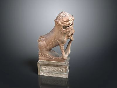 Traditional Carved Stone Lion Statue With Intricate Details And Base 3d model
