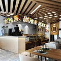 Modern Cozy Restaurant Interior With Wooden Ceiling Hanging Menus Counter Tables Chairs And Green Plants