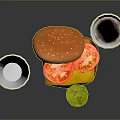 Delicious Hamburger with Fresh Bun Tomato and Cucumber Slices and Cold Drinks