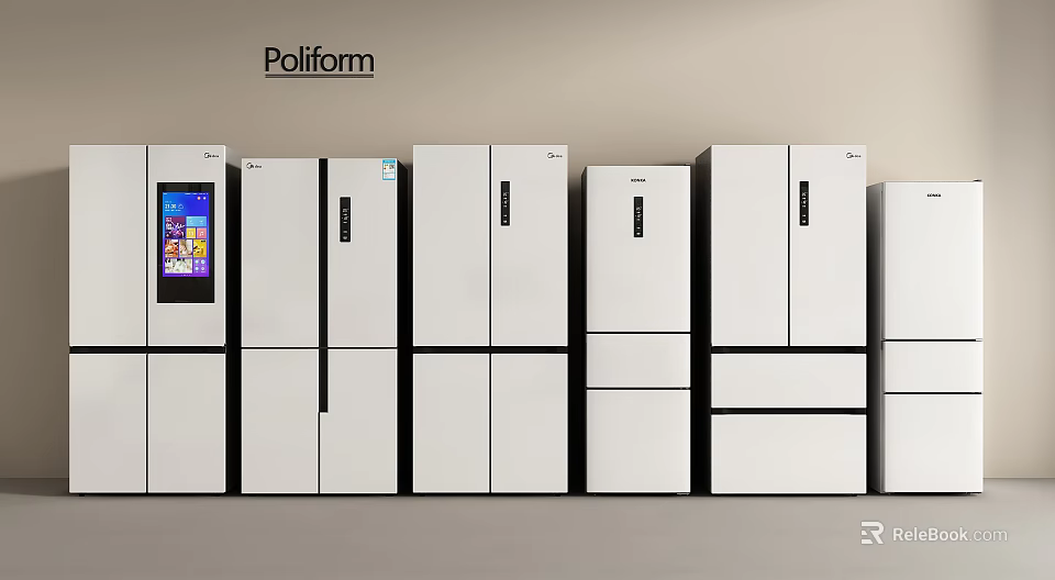Poliform White Refrigerators And Freezers Various Models Arranged In Display Row 3d model 