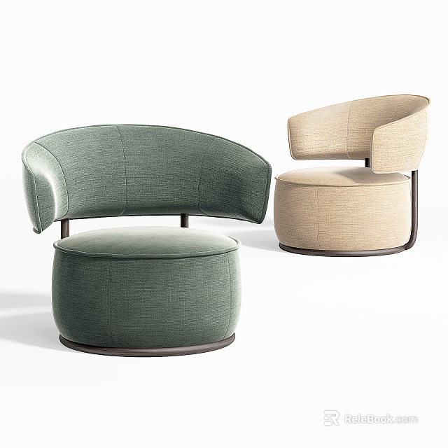 Modern Stylish Green And Beige Fabric Single Seater Sofa With Curved Design And Metal Legs 3d model 