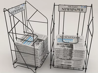 Two Black Metal Newspaper Racks Holding Stacked Daily Newspapers With Price Tag 3d model