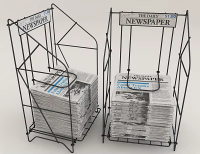 Two Black Metal Newspaper Racks Holding Stacked Daily Newspapers With Price Tag 3d model