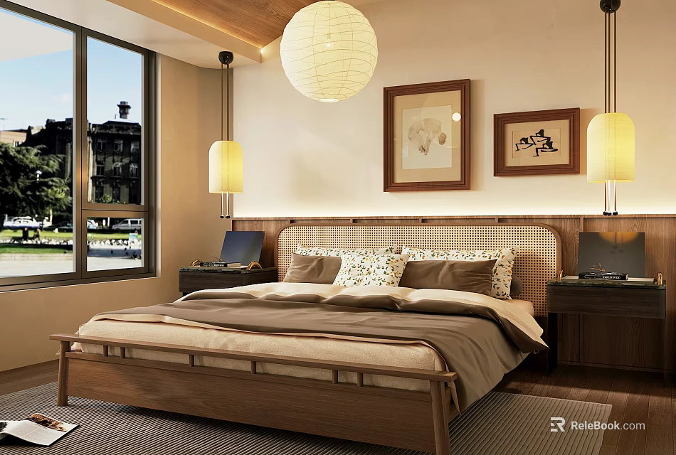 Cozy Modern Bedroom Interior With Wooden Bed Woven Headboard Hanging Lamps And Framed Paintings 3d model 