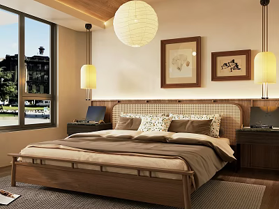 Cozy Modern Bedroom Interior With Wooden Bed Woven Headboard Hanging Lamps And Framed Paintings 3d model