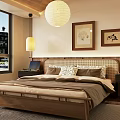 Cozy Modern Bedroom Interior With Wooden Bed Woven Headboard Hanging Lamps And Framed Paintings