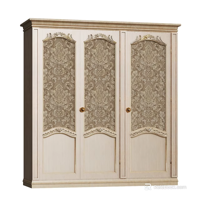 Vintage Light Colored Wardrobe with Three Doors Ornate Patterns and Golden Handles 3d model 