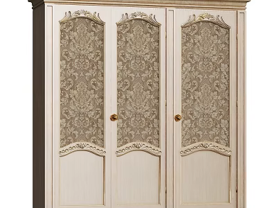 Vintage Light Colored Wardrobe with Three Doors Ornate Patterns and Golden Handles 3d model