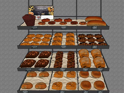Fresh Assorted Baked Goods Display On Shelves With Bread And Cookies 3d model