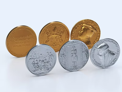 Gold and Silver Engraved Jewelry Coins with Intricate Portrait Designs and Artistic Details 3d model