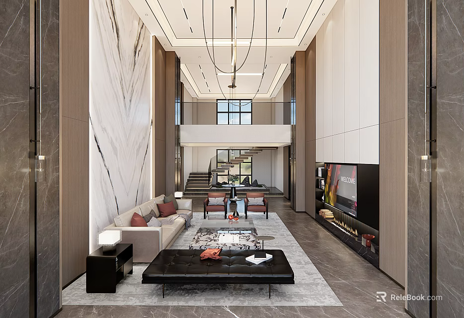Modern Spacious Duplex Living Room Interior With Marble Walls Chandelier Sofa And Staircase 3d model 