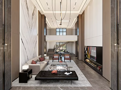 Modern Spacious Duplex Living Room Interior With Marble Walls Chandelier Sofa And Staircase 3d model