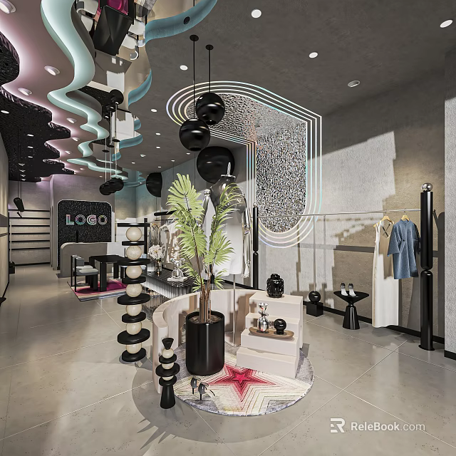 Modern Clothing Store Interior With Stylish Display Racks Potted Palm And Decorative Lighting 3d model 