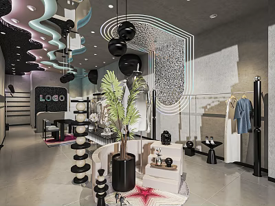 Modern Clothing Store Interior With Stylish Display Racks Potted Palm And Decorative Lighting 3d model