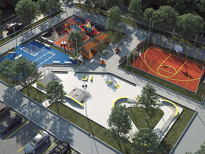Scenic Community Park Landscape With Playground Swimming Pool Basketball Court Parking Lot And Trees 3d model