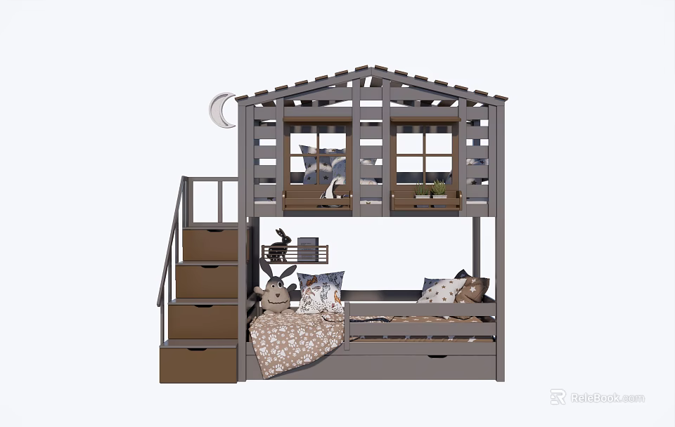 Kids Bunk Bed With House Shaped Top Storage Stairs And Windows 3d model 