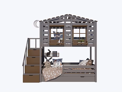 Kids Bunk Bed With House Shaped Top Storage Stairs And Windows 3d model