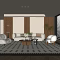 Modern Living Room Interior Design With Beige Sofa Wooden Accent Wall And Geometric Rug