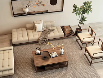 New Chinese Style Sofa Coffee Table Combination Wall Decorations Hanging Painting Leisure Chair Coffee Table Decoration Bench Indoor Green Plant Potted Plant 3d model