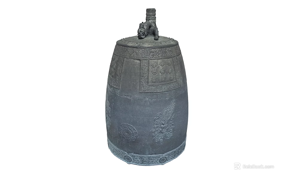 Black Drum Shaped Decorative Ornament Set With Carved Patterns And Top Statue 3d model 