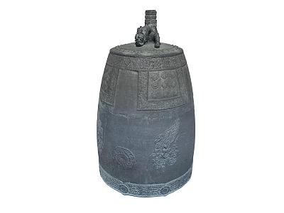 Black Drum Shaped Decorative Ornament Set With Carved Patterns And Top Statue 3d model