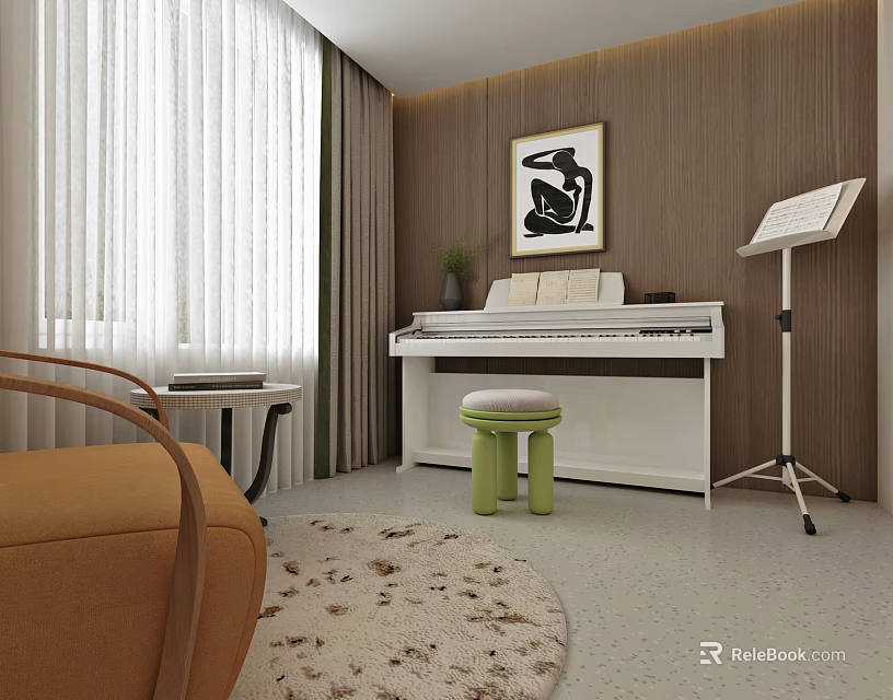 Piano Room Interior Design With White Piano Green Stool Music Stand Artwork And Area Rug 3d model 