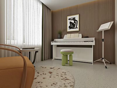 Piano Room Interior Design With White Piano Green Stool Music Stand Artwork And Area Rug 3d model