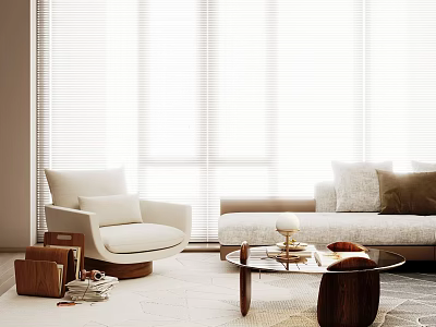 Modern Light Colored Sofa Coffee Table Combination with Accent Chair Cushions and Bright Window Blinds 3d model