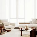 Modern Light Colored Sofa Coffee Table Combination with Accent Chair Cushions and Bright Window Blinds
