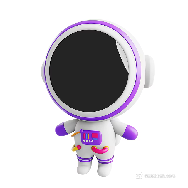Man in White and Purple Cartoon Astronaut Spacesuit with Black Helmet and Chest Control Panel 3d model 