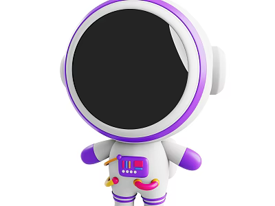 Man in White and Purple Cartoon Astronaut Spacesuit with Black Helmet and Chest Control Panel 3d model