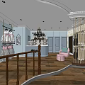 Modern Clothing Store Interior With Chandelier Display Table Hanging Clothes And Hexagonal Floor