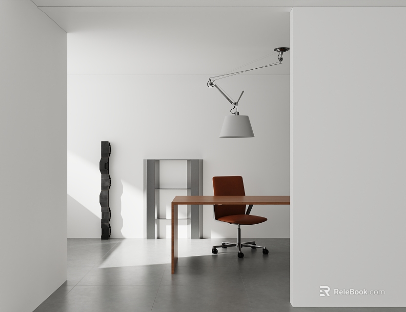 Study Room With White Walls Wooden Desk Brown Chair Metal Stand Lamp And Gray Floor 3d model 