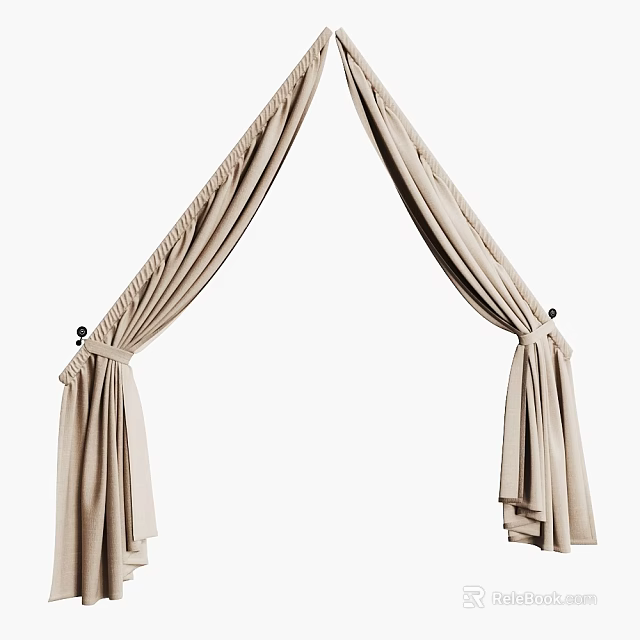 Beige Linen Curtain With Elegant Pleats And Tie Back For Interior Decoration 3d model 