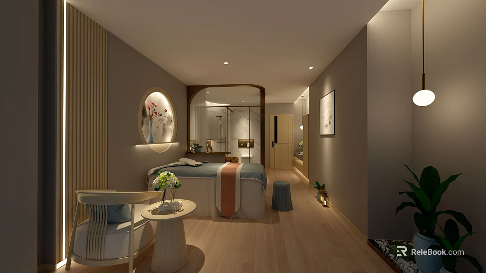 Modern SPA Sauna Interior With Massage Bed Plants And Decorative Lighting 3d model 