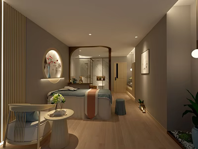 Modern SPA Sauna Interior With Massage Bed Plants And Decorative Lighting 3d model