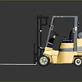 Industrial Yellow Blue Forklift With Cab And Forks On Reflective Surface