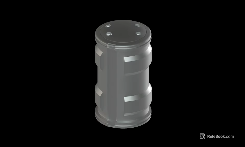 Gray Cylindrical Storage Drum With Horizontal Stripes And Top Holes Structure 3d model