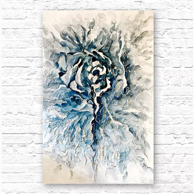 Abstract Blue And White Floral Textured Art Picture Frame On White Brick Wall 3d model 