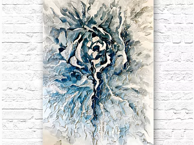Abstract Blue And White Floral Textured Art Picture Frame On White Brick Wall 3d model