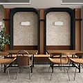 Modern Restaurant Interior With Wooden Tables Chairs Hanging Lights And Wall Decorations