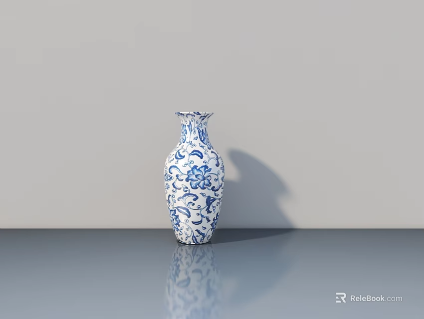 Blue And White Vase With Floral Patterns On Smooth Surface With Reflection Against Grey Wall 3d model